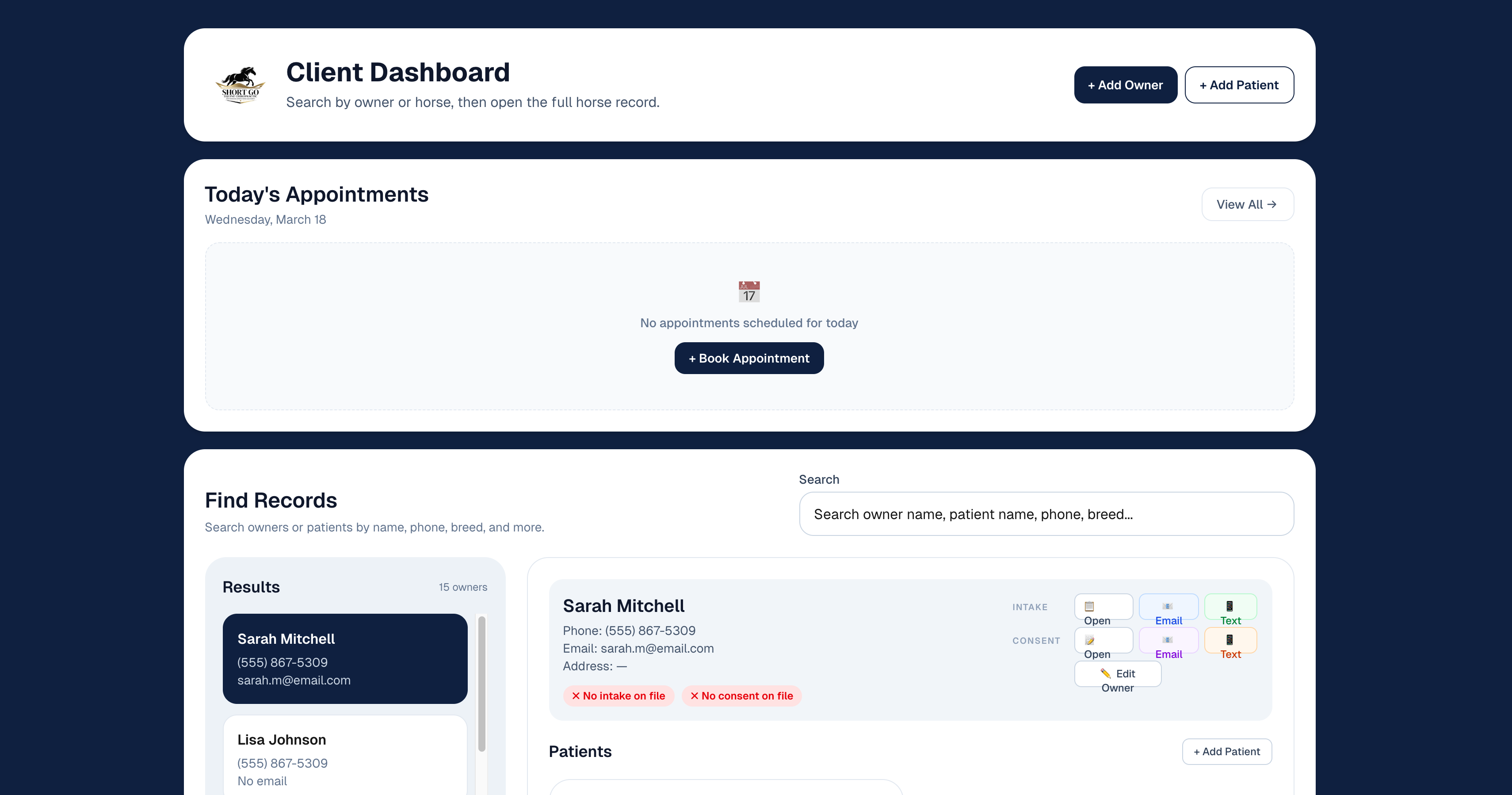 Chiro Stride dashboard showing client records, appointments, and patient management